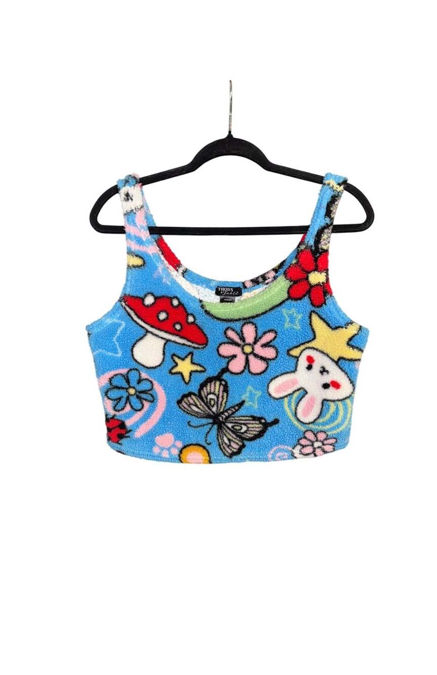 Thorn & Fable Sweet Society Colorful Critter Fuzzy Crop Tank Top Plus Size 2X